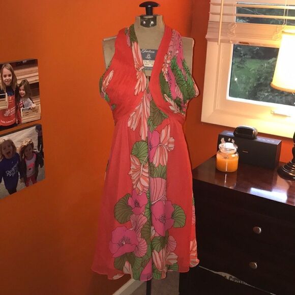 Tibi New York Coral Floral Crossback Halter Dress - Picture 1 of 4